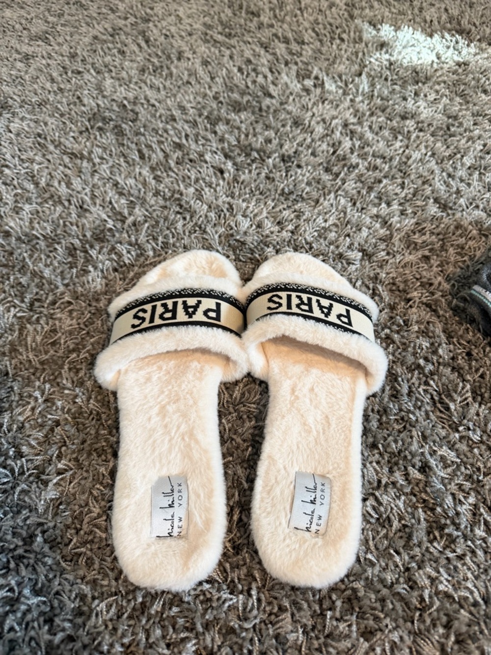 Nicole Miller Cream Fuzzy Paris Slide Sandals